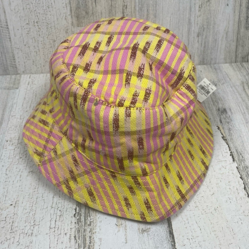 NWT Aerie Teddy Reversible Bucket Hat Womens O/S Yellow Pink Brown Plaid Casual